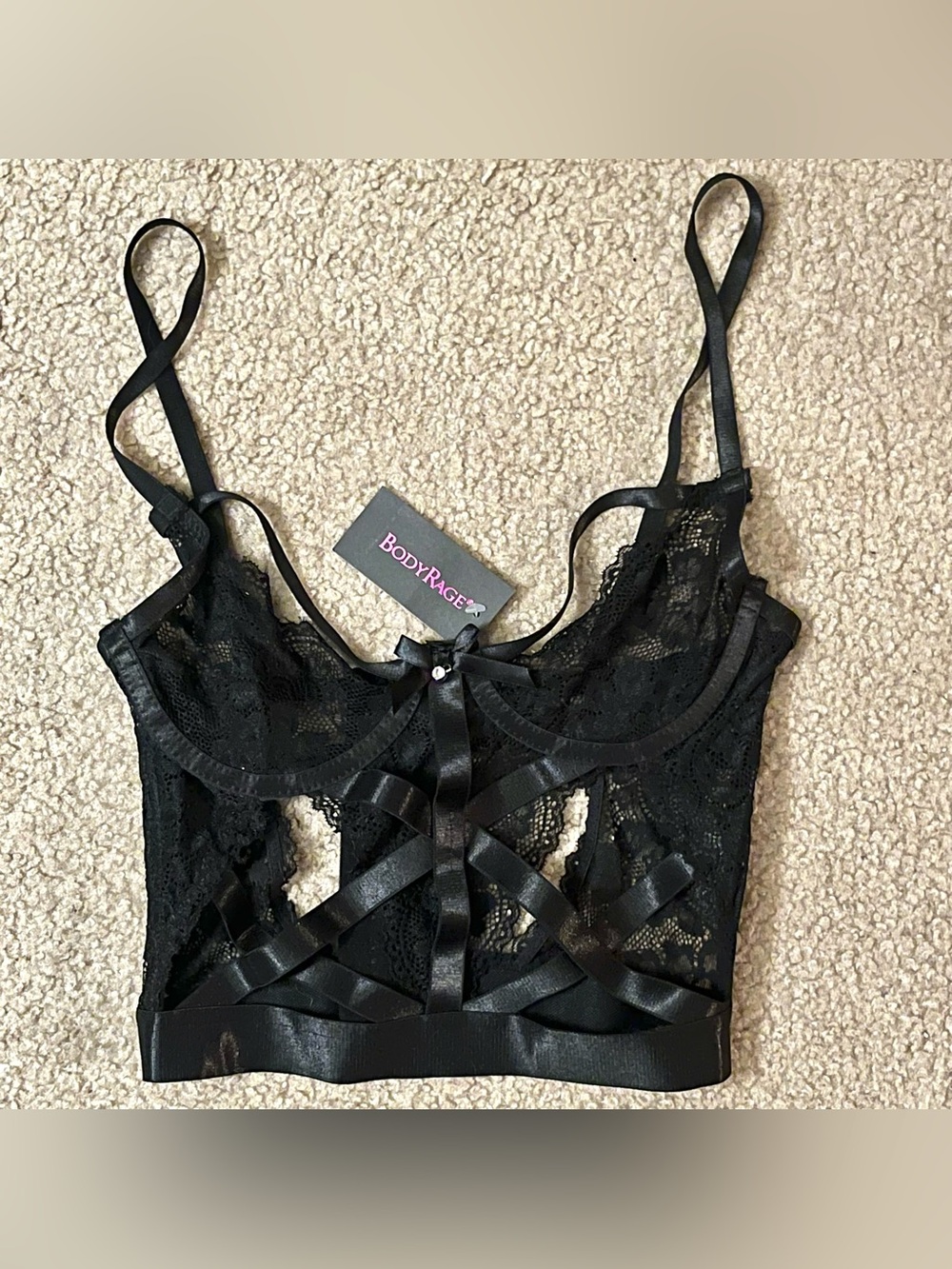 Body Rage Black Lace Rhinestone Bustier Corset Bra Small BNWT
